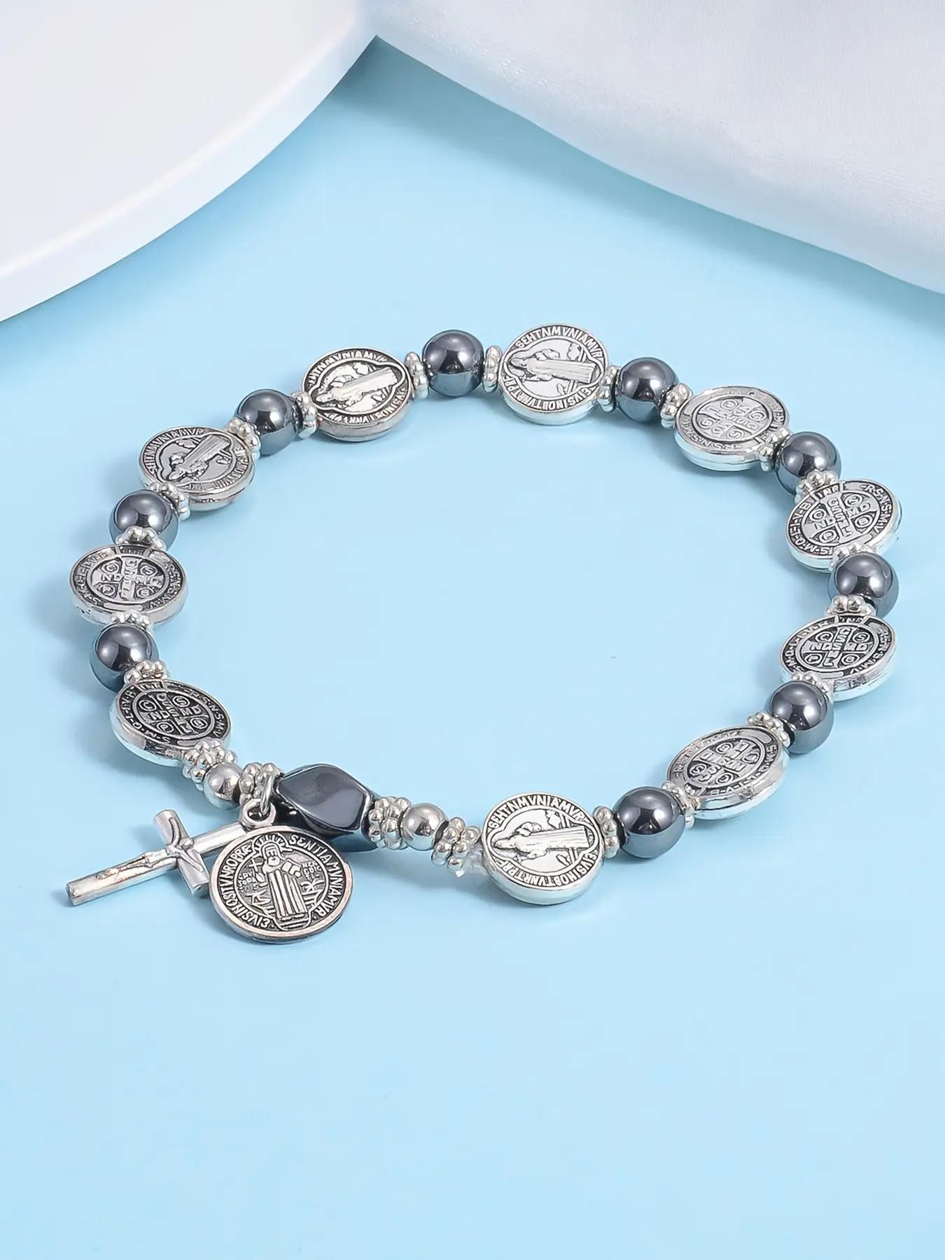 Vintage Agate Beaded Bracelet, Handmade Elastic String, Fashion Casual Unisex Jewelry, Cross Pendant Charm, High Quality Bracelet