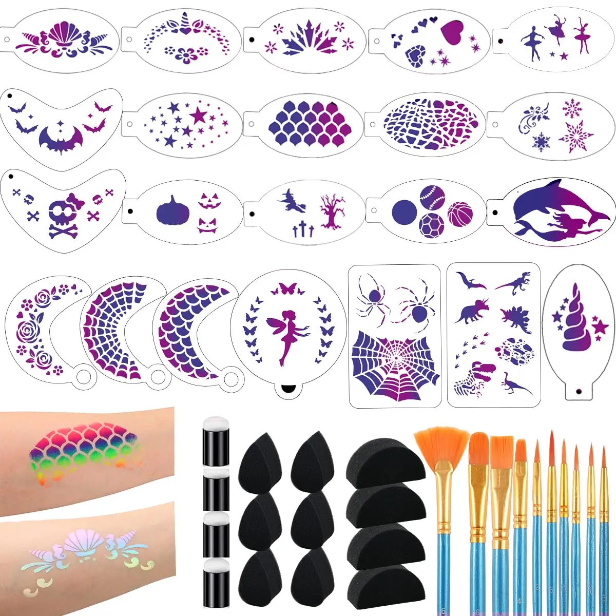 46 pcs Face Paint Stencils Kit,22 Pcs Reusable Facial Painting Stencils Reusable Body Paint Templates with 10 pcs Brushes,14 pcs Sponges for Party Halloween Makeup Face Paint Accessory Kit