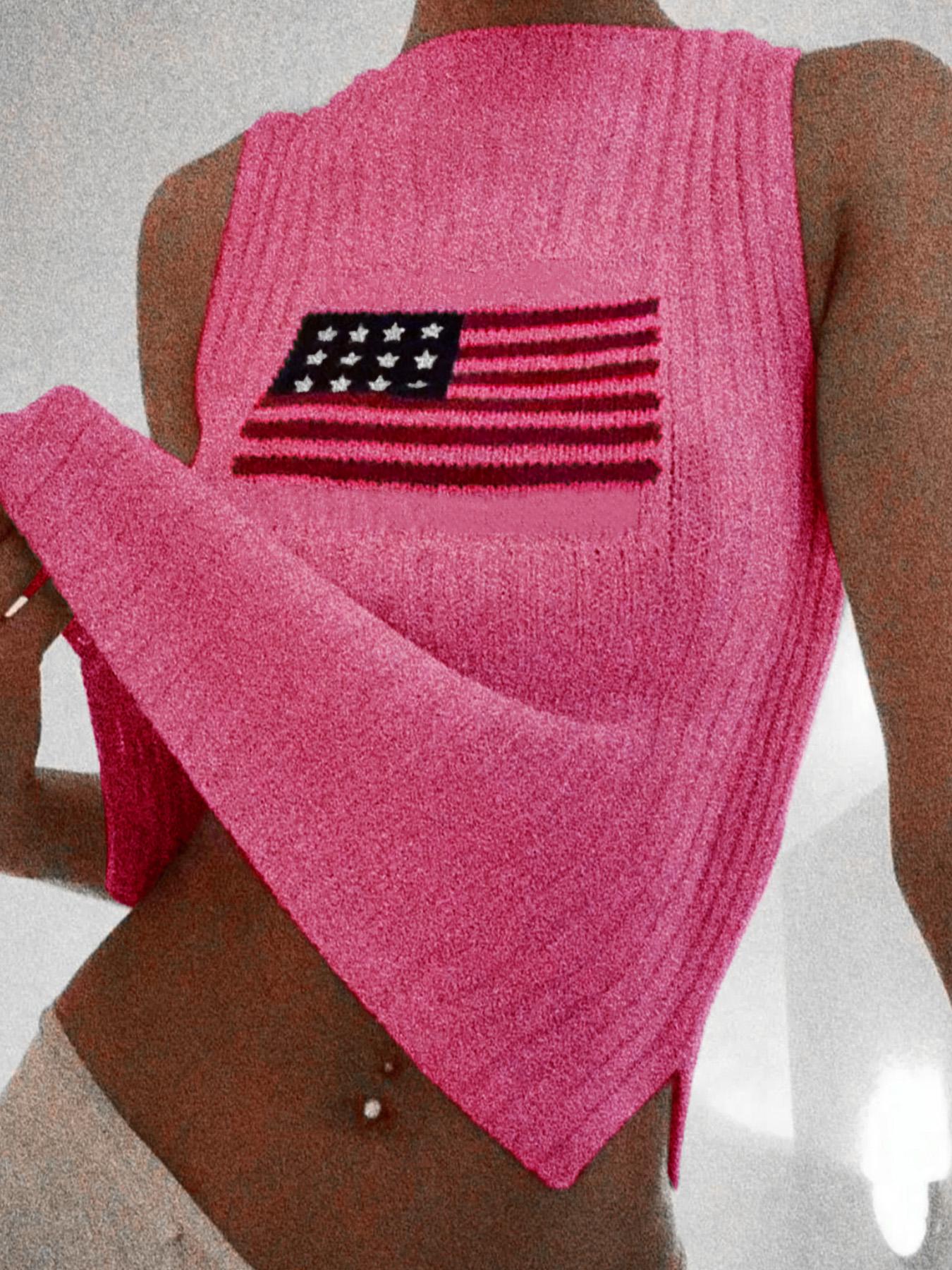 Women's Flag Graphic Print Split Hem Sweater Vest, Casual Fashion Round Neck Sleeveless Jumper Vest for Summer, Ladies Knit Clothing for Daily Wear