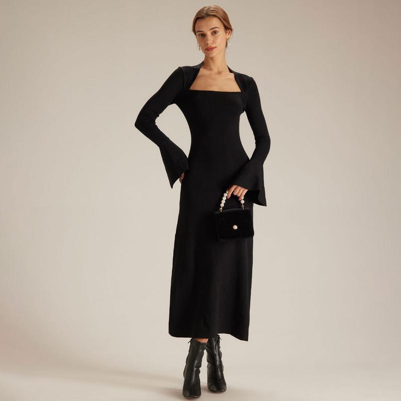 RIHOAS 2024 women's Fashion Square Neck Black Midi Dress Long Sleeve Design Bodycon formal party evening dresses Fit Womenswear