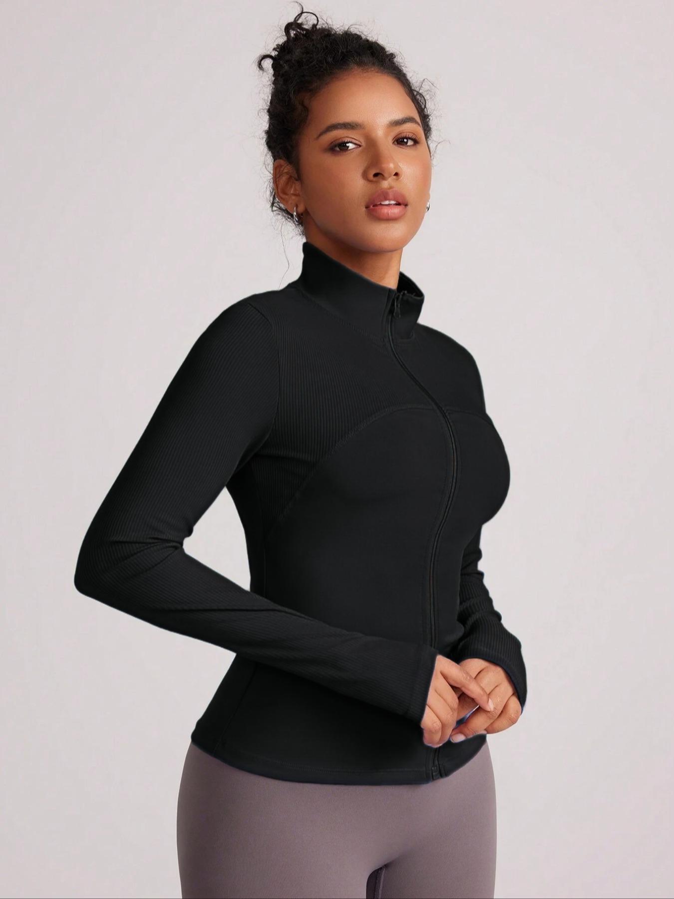 Women's Solid Zip Up Sports Jacket, Sporty Long Sleeve Stand Collar Outerwear for Gym Workout Running, Ladies Sportswear Womenswear for All Seasons
