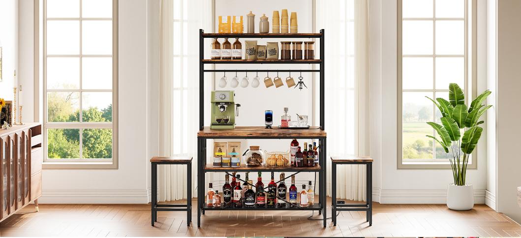 IRONCK Kitchen Island with 2 Stools, Bakers Rack with Power Outlet, Large Kitchen Island Table with Shelves, Coffee Bar Table Set for Kitchen Dining Room, 10 Hooks