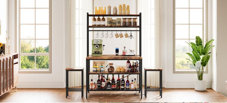 IRONCK Kitchen Island with 2 Stools, Bakers Rack with Power Outlet, Large Kitchen Island Table with Shelves, Coffee Bar Table Set for Kitchen Dining Room, 10 Hooks