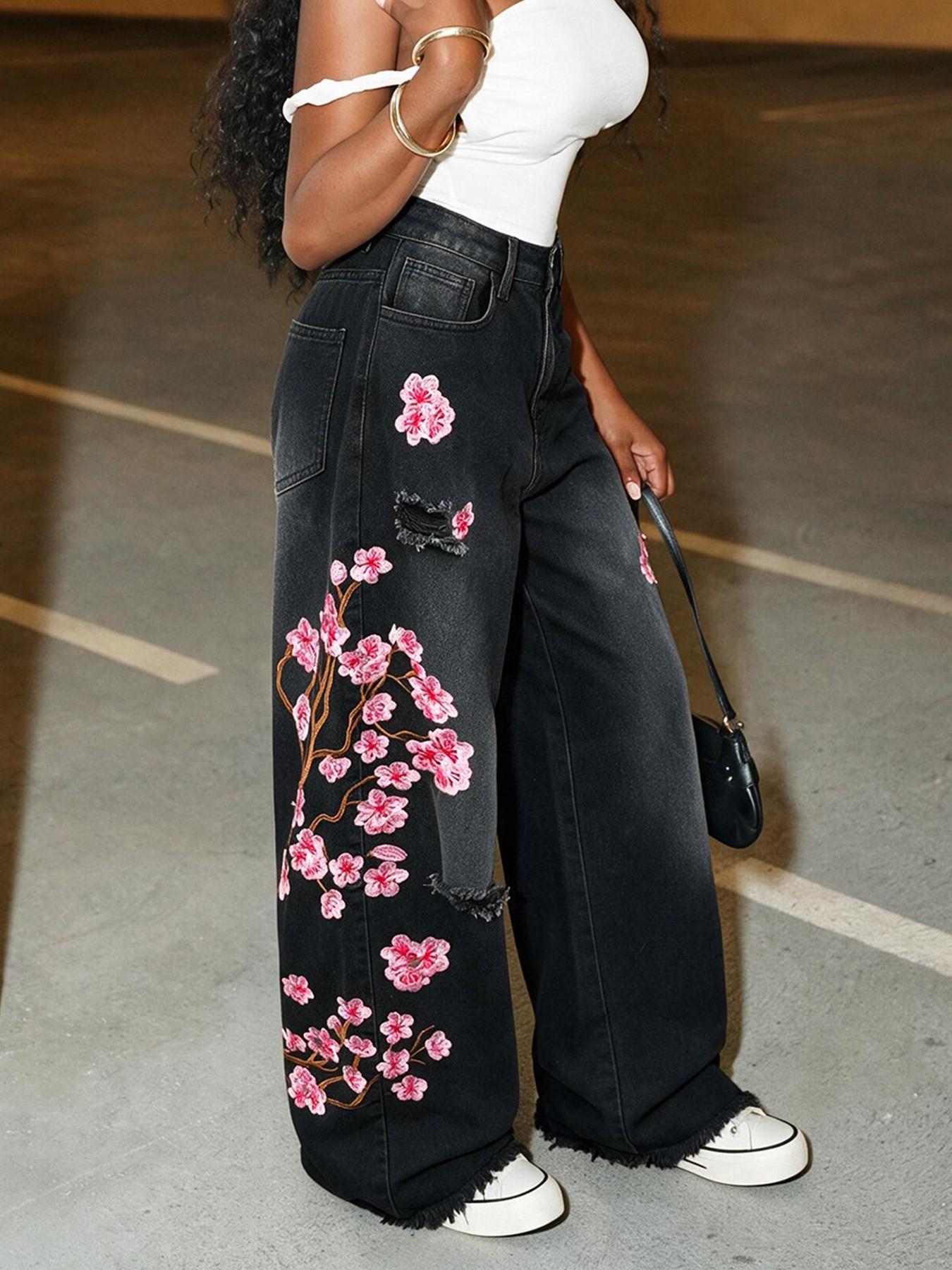 Pink Cherry Blossom Embroidered Wide Leg Jeans Women | High Waisted Baggy Denim Pants with Raw Hem & Washed Finish – Perfect for Streetwear, Date Night & Festival Outfits Multiple color options available (Excluding belts and accessories)