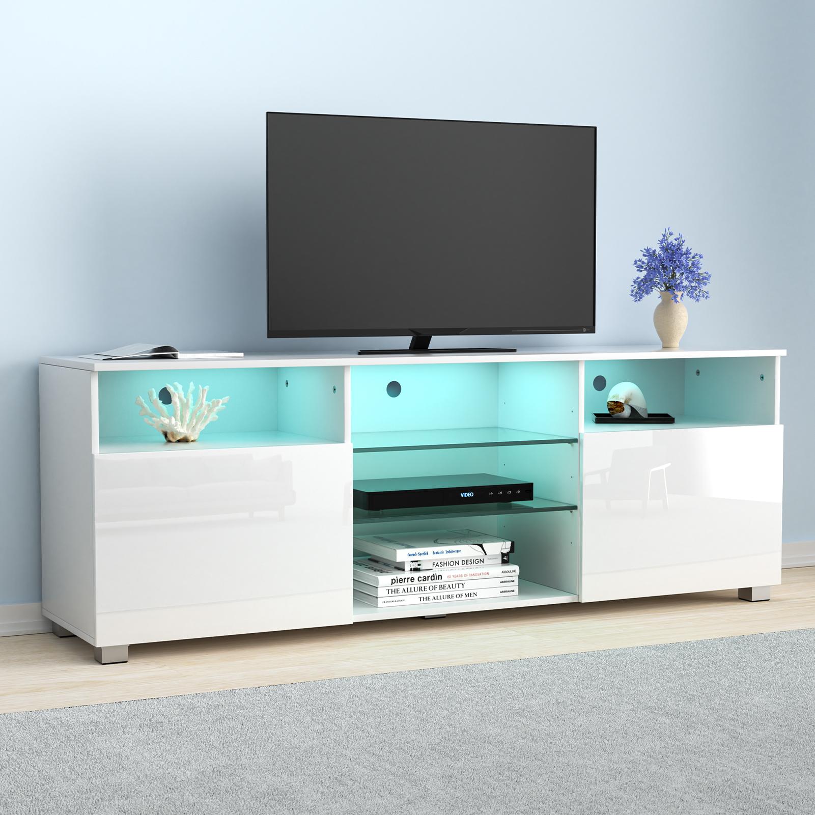 71 inch LED TV Stand for 75/80 inch TV, High Gloss TV Cabinet with Adjustable Storage Shelves, Modern LED Entertainment Center, TV Table Media Furniture for Living Room, White/Black