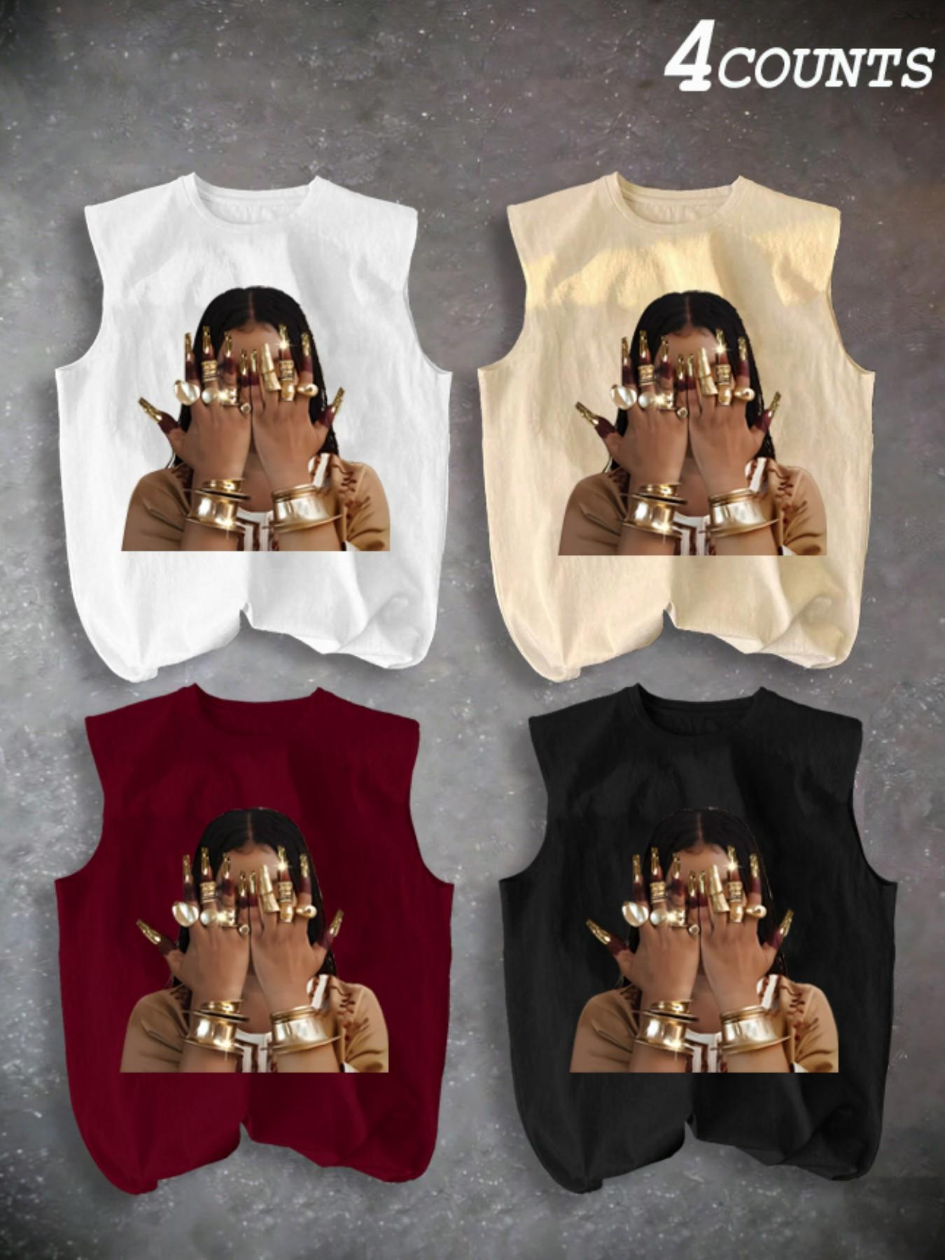 Men's Four-Piece Set Casual Sleeveless Tank Tops, Patterned Tank Top, Ring Pattern Print, Summer Vacation Party Daily Wear, Comfortable Inner Outerwear