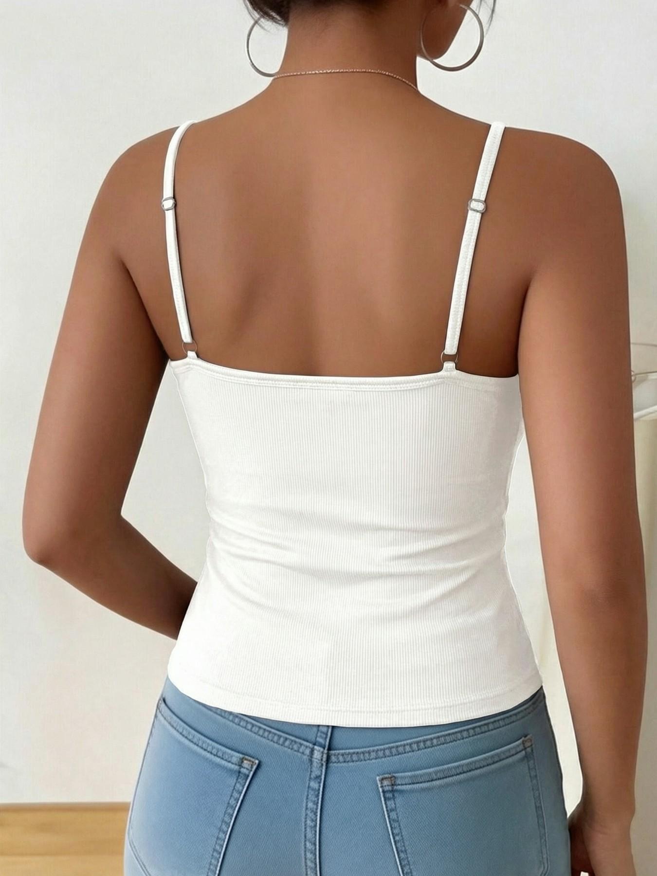 Women's Ribbed Bra Cami Tank Top - V Neck Ruched Front, Padded Adjustable Spaghetti Strap Camisole, Wire-Free All-in-One Undershirt