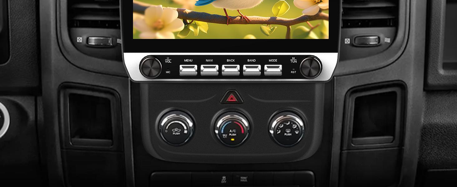 10.1" Android 13 Car Stereo for Dodge Ram 1500 2500 3500 2013-2018 (Manual AC) touch screen has Android Auto Wireless Carplay, Bluetooth WIFI supports GPS Navigation