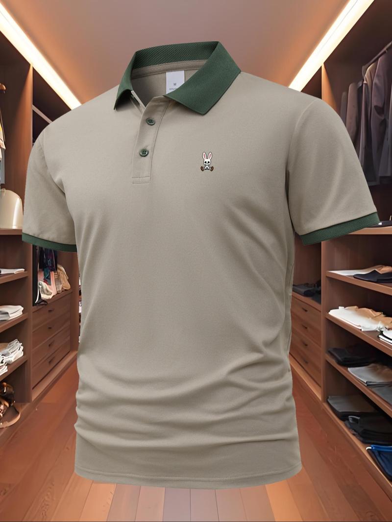 Men's Regular Fit Rabbit Print Polo Shirt, Casual Short Sleeve Collared Top for Summer, Fashion Men's Clothes for Daily Wear, Tropical