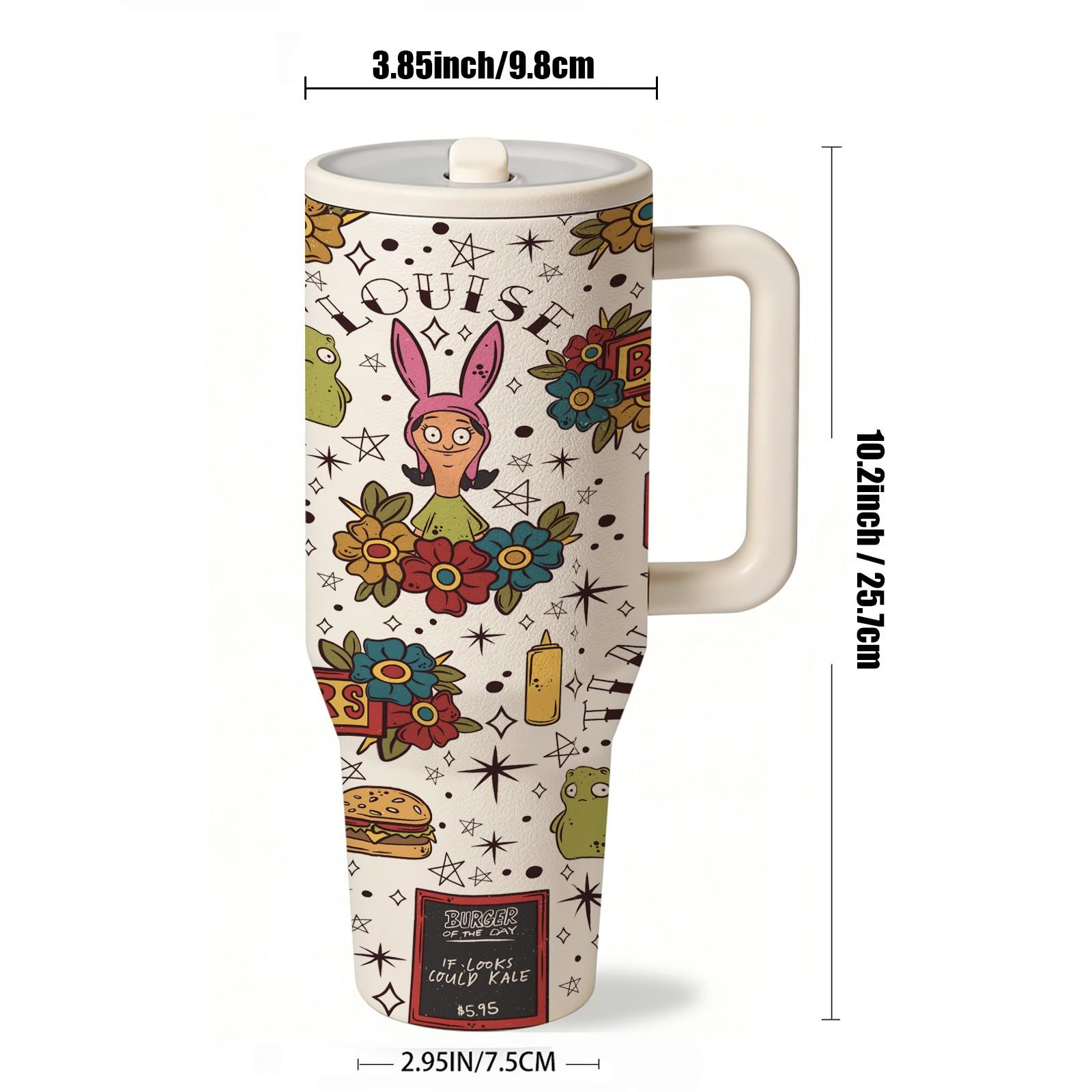 1 PC 40oz Leakproof Insulated Tumbler With Handle And Lid, Double Wall Stainless Steel Travel Mug, Leak Proof, Keeps Drinks Hot 12H Cold 24H, Cartoon Burger Family Print Cup, Large Capacity Thermal Mug, Flasks For Iced Coffee, Water, Gifts For Women Men