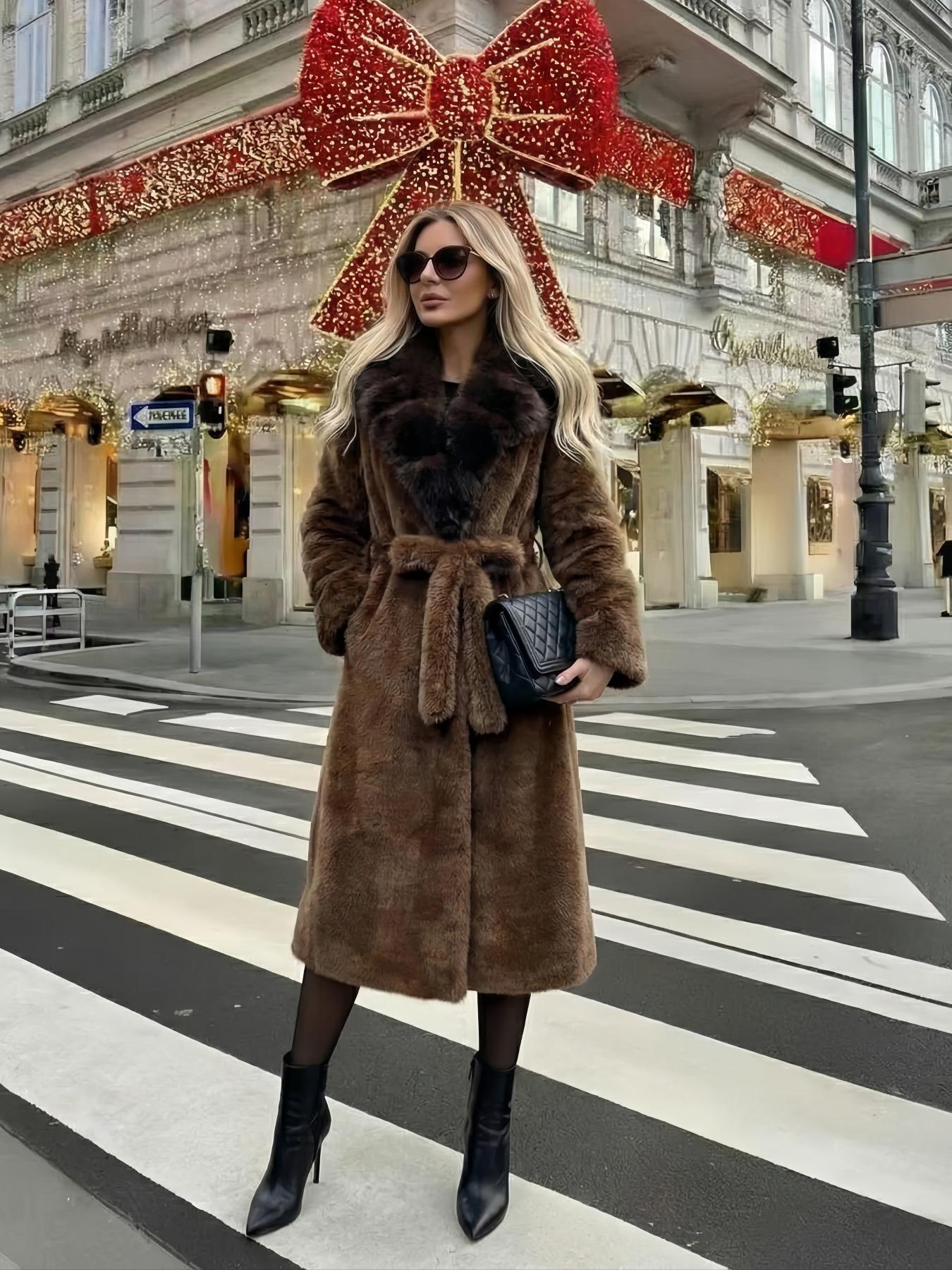Women's Faux Fur Coat, Autumn Winter Chic Fashionable Long Sleeve Jacket, Elegant Thick Retro Loose Fit Medium-Length Outerwear