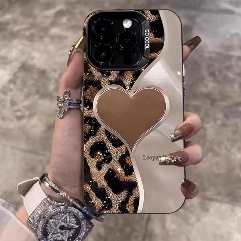 Leopard Heart Patchwork Hard Case Protection Phone Cover Accessories, Compatible with iPhone 17 Pro Max, 17 Air, iPhone 16-11 Pro Max, X, XR, XS Max, 7, 8 Plus, Se