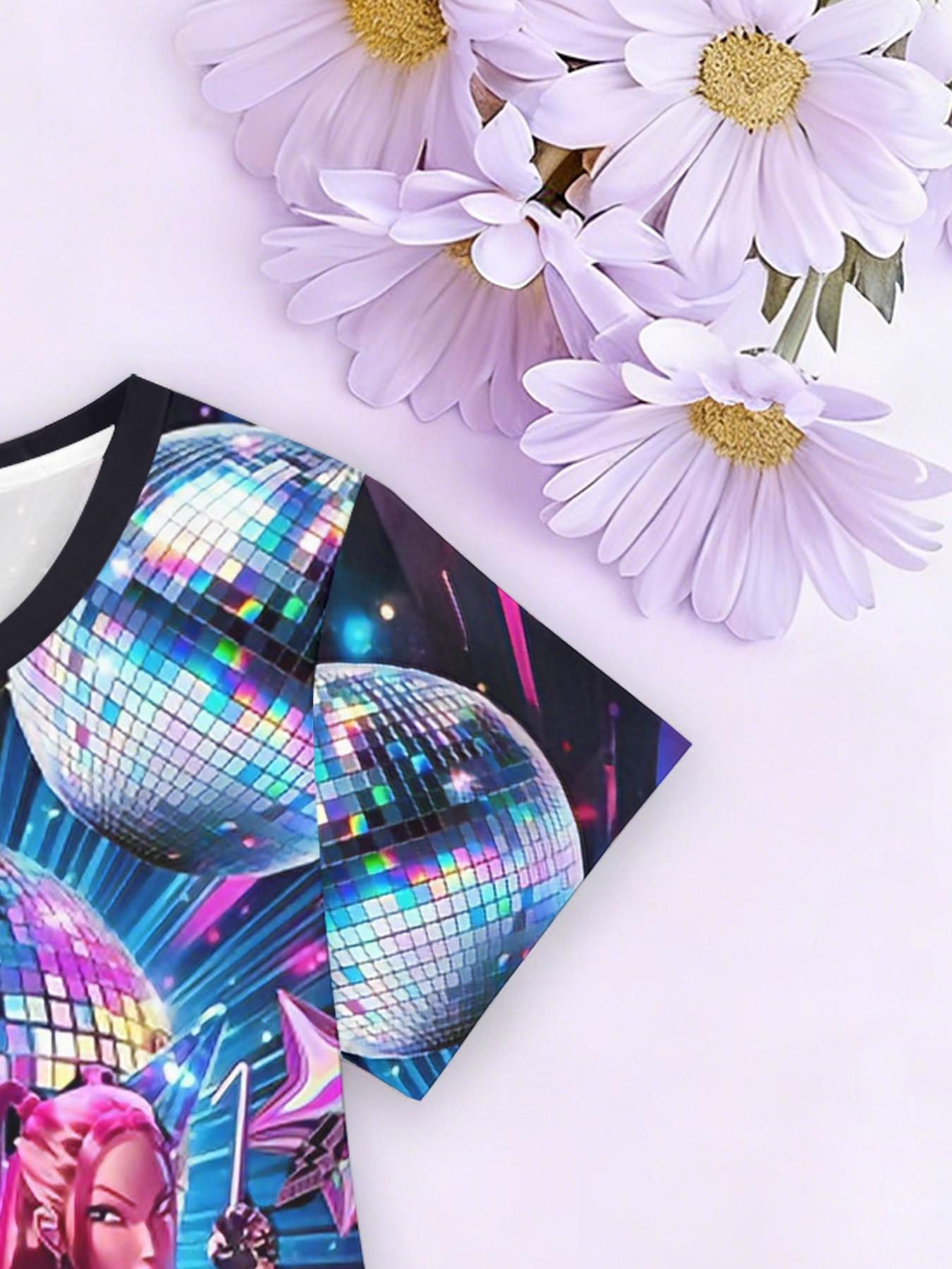 K-Pop Demon Hunters Disco Print A-Line Dress for Girls, Casual Short Sleeve Skirt, Fashion Outdoor Wear, Birthday and Holiday Gift