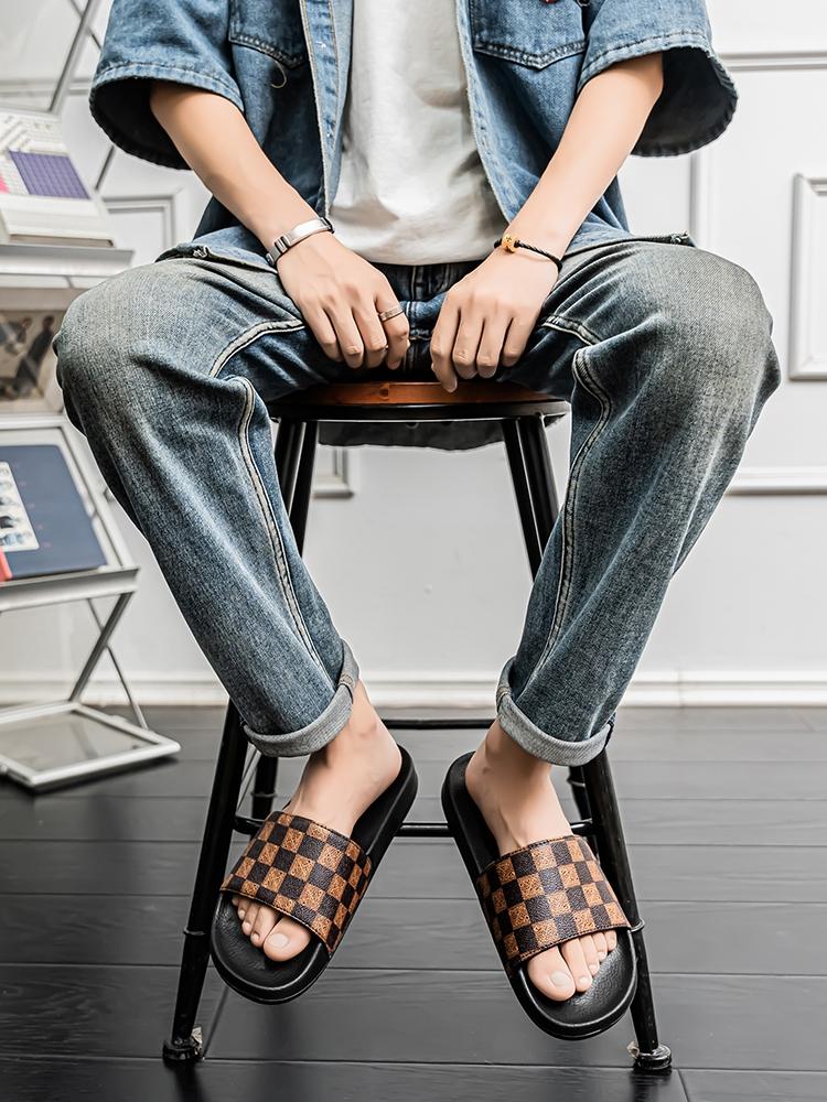 Men's Checkered Pattern EVA Slides, Casual Comfortable Non-slip Slippers, Open Toe Shoes for Indoor Outdoor Beach Shower