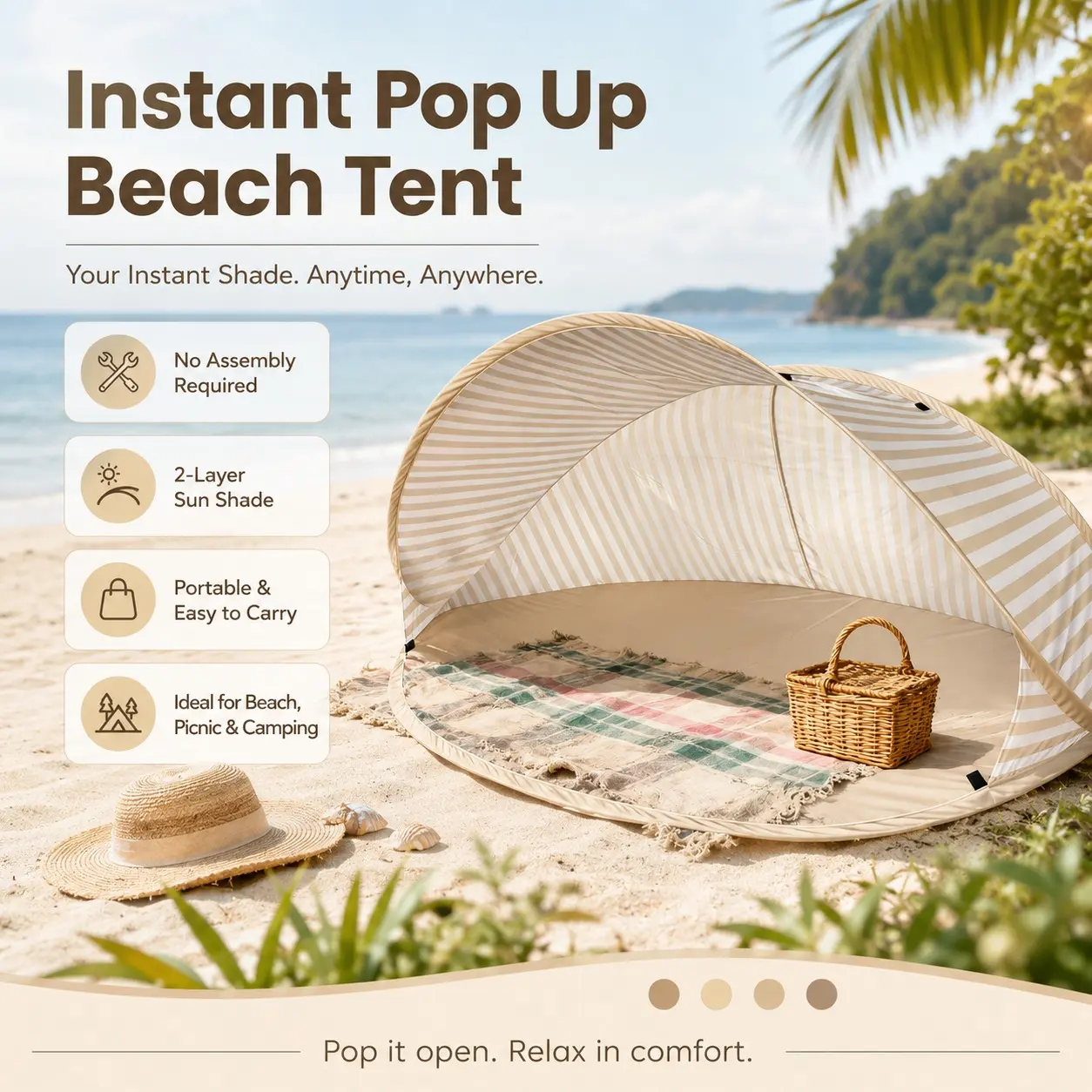 No Assembly Required Pop Up Beach Tent, Portable 2-Layer Sun Shade Canopy, Instant Beach Shelter for Picnic, Park, Camping & Family Outdoor Use