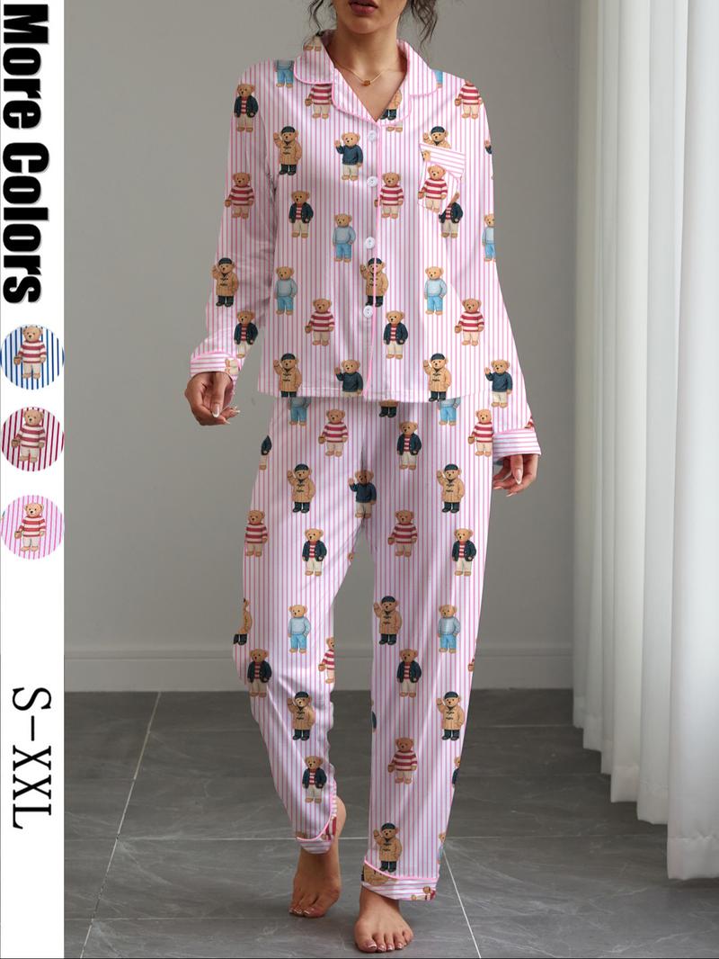 Women's Fall & Winter Pajama Set, Bear Print Sleepwear, Casual Long Sleeve Shirt and Elastic Pants, Soft and Stretchy Fabric