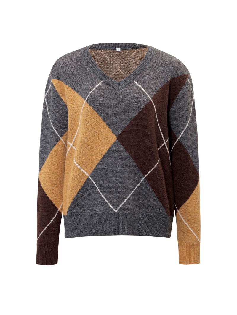 Fashion Casual Argyle Knit V-Neck Loose Long Sleeve Sweater, Fitted Short Style for Fall, Women's Comfortable Pullover