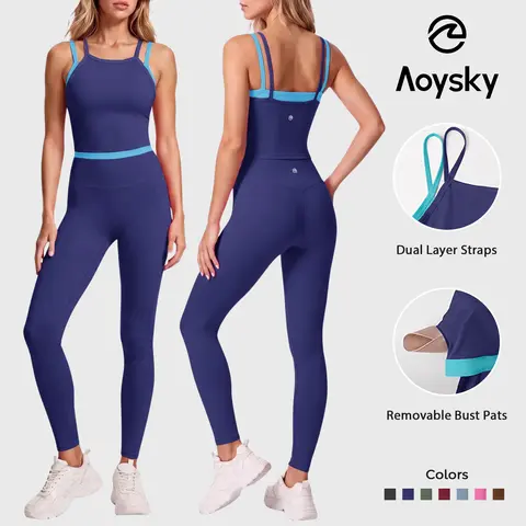 Aoysky Women's 2-Piece High Elastic Workout Set - Padded Sleeveless Camisole Tank Top, High Waisted Fitted Leggings, Quick-Dry Fabric Gym Training Outfit for Women's Matching Workout Sets, Fitness Training, Yoga