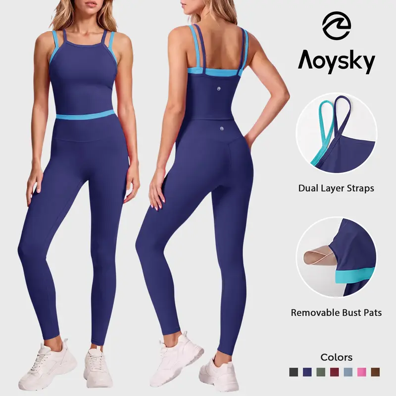 Aoysky Women's 2-Piece High Elastic Workout Set - Padded Sleeveless Camisole Tank Top, High Waisted Fitted Leggings, Quick-Dry Fabric Gym Training Outfit for Women's Matching Workout Sets, Fitness Training, Yoga