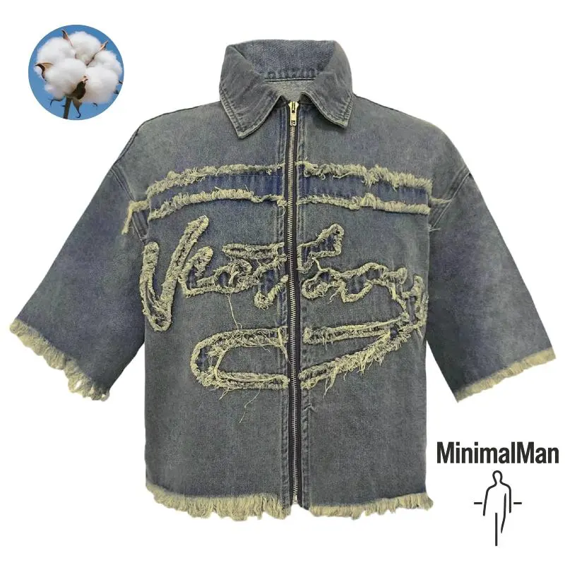 MinimalMan Men's High Cotton Vintage Washed Denim Short Sleeve Shirt, Zip Up Raw Frayed Edge Distressed Cropped Button Down Shirts with Embroidery Patches for Streetwear Hip Hop Casual Outfits