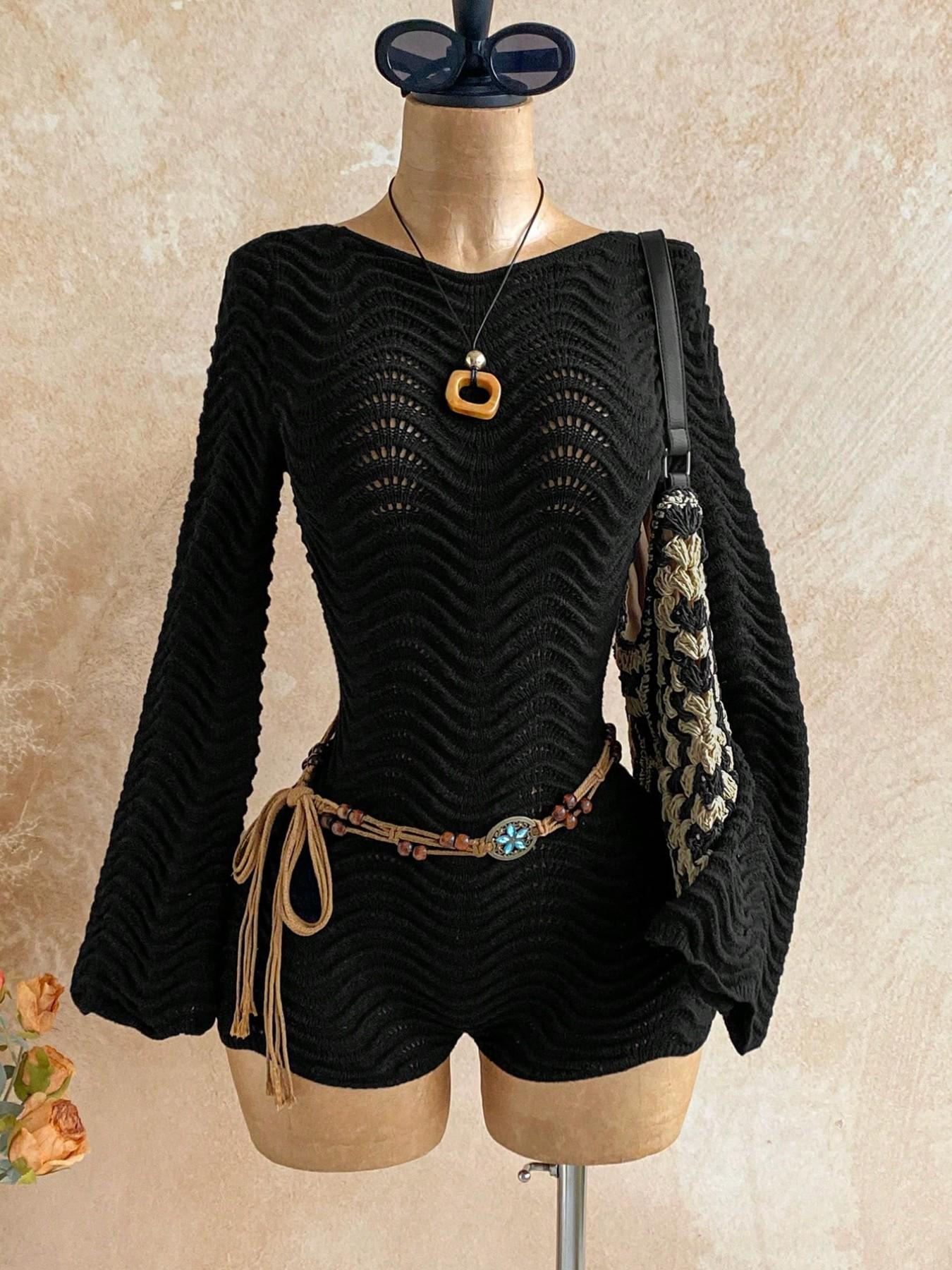 Women Boho White Crochet Knit Romper Summer Hollow Out Long Flare Sleeve Backless Tie Up One Piece Jumpsuit Beach Vacation Bohemian Bodysuit Casual See Through Knitted Playsuit