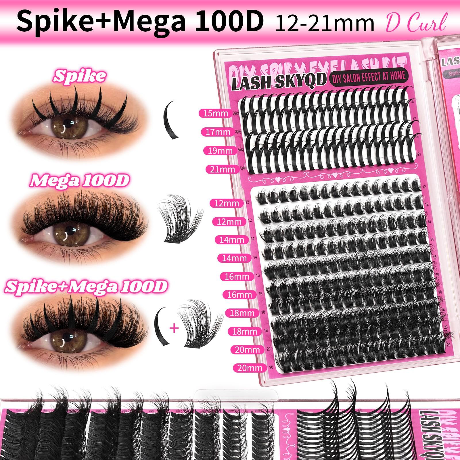 LASH SKYQD 472pcs 4 Styles D Curl False Eyelash Cluster Kit, Bottom/Spike/Mega 100D/Mega 80D Volume Lash Extensions Kit With Lash Bond and Seal Tweezers, Perfect for Beginners & Proficient, DIY at Home Easily, Easy Apply for Makeup Daily