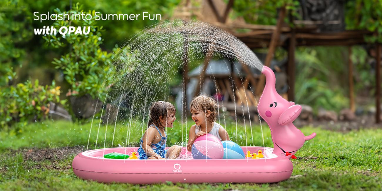 QPAU Splash Pads for Toddlers 1-3, Blue Elephant Toy Splash Pad for Kids, Outdoor Play Mat for Babies, Inflatable Sprinkler Pool for Birthday Girl Gifts 1 Year Old Girl water pump