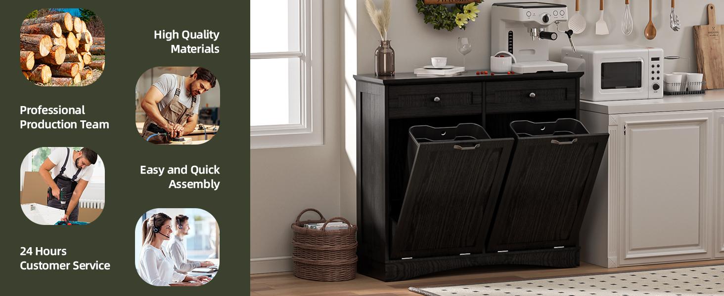 【Does Not Include Trash Can】AHB Double Tilt Out Trash Cabinet Freestanding Kitchen Trash Cabinet, 2x13 Gallons Hidden Garbage Recycling Cabinet with Hideaway Drawers Pet Proof Trash Can for Kitchen Living Room, Grey