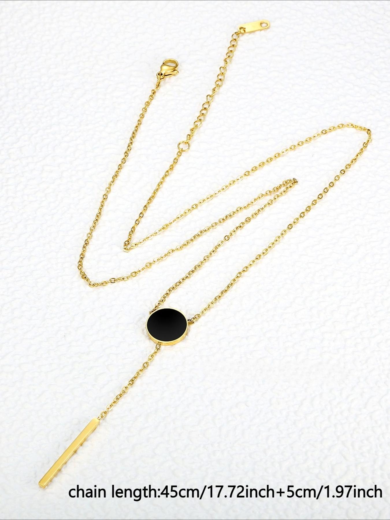 Minimalist Stainless Steel Y-shaped Necklace with Niche Design, Black Round Brand Vertical Stripe Tassel Pendant, High Polished Glossy Texture, Light Luxury Daily Commuting Collarbone Chain