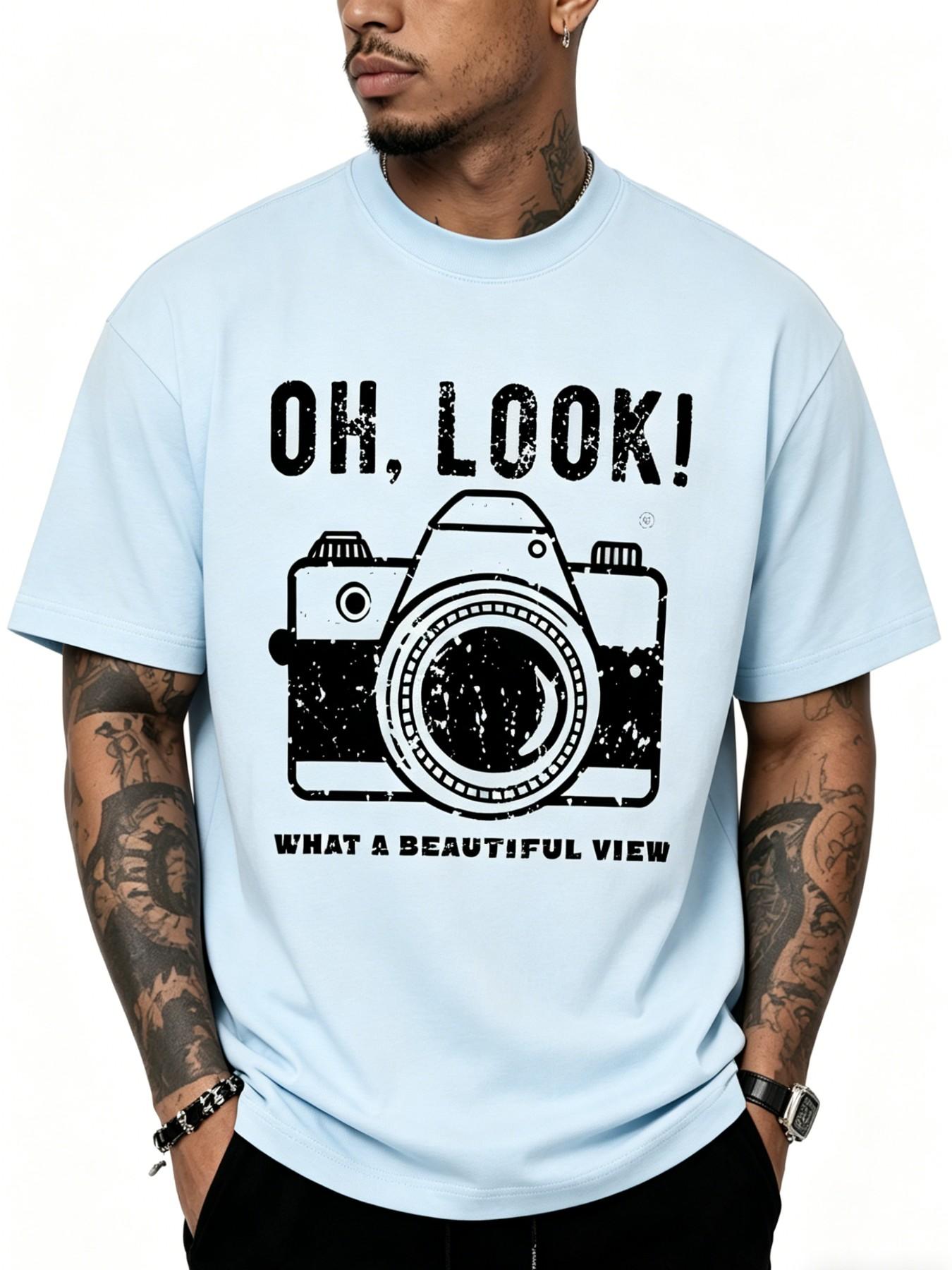 Men's Vintage Camera Pattern Cotton T-Shirt, American Retro Street Style, Casual Loose-Fitting Short Sleeve Top, Long Length