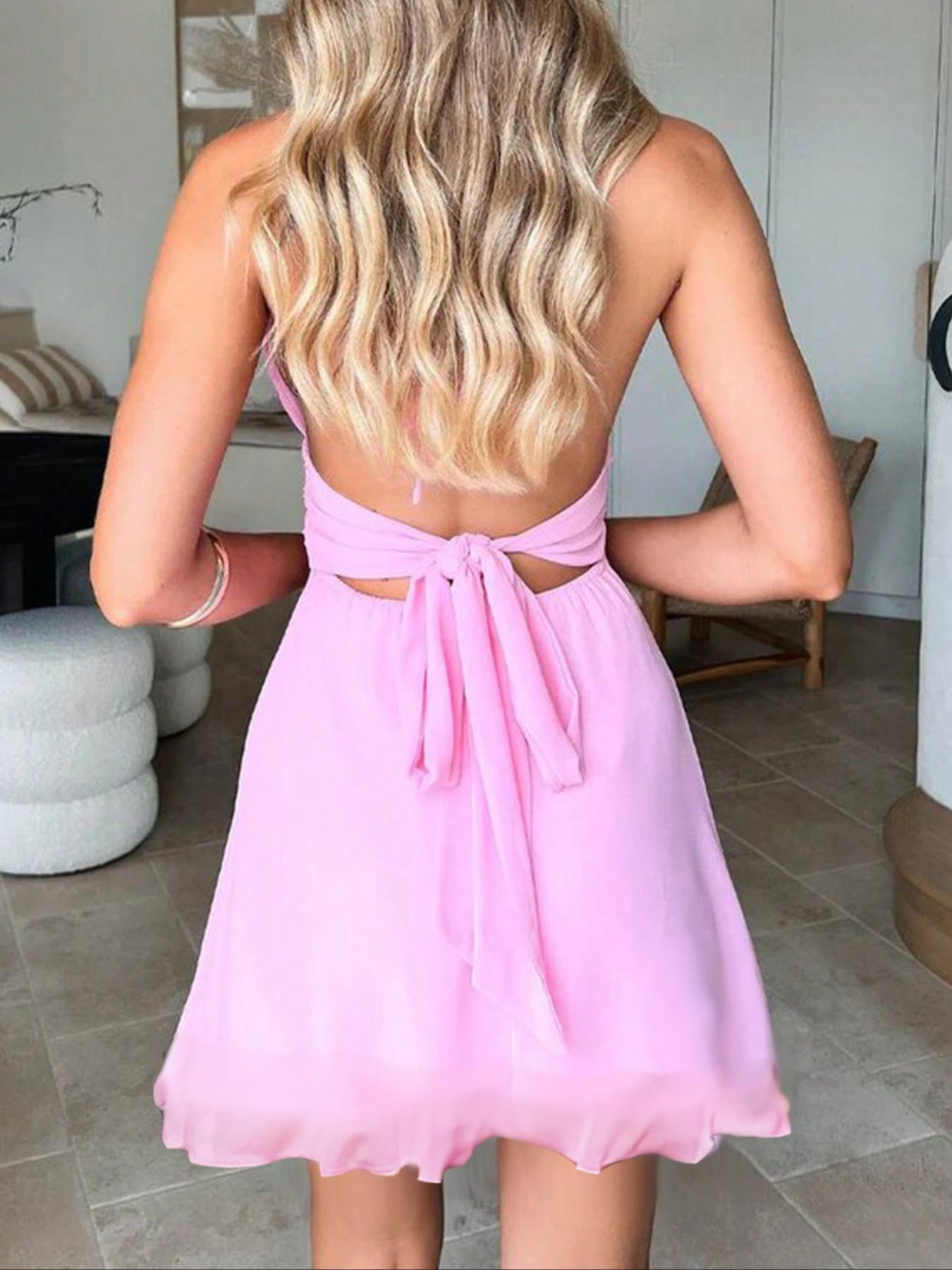 [LOT]Women's Solid Color Deep V Neck Halter Neck Dress, Fashion Casual Sleeveless Mini Dress for Daily Outdoor Wear, Ladies Dress for Summer, A-line Dress