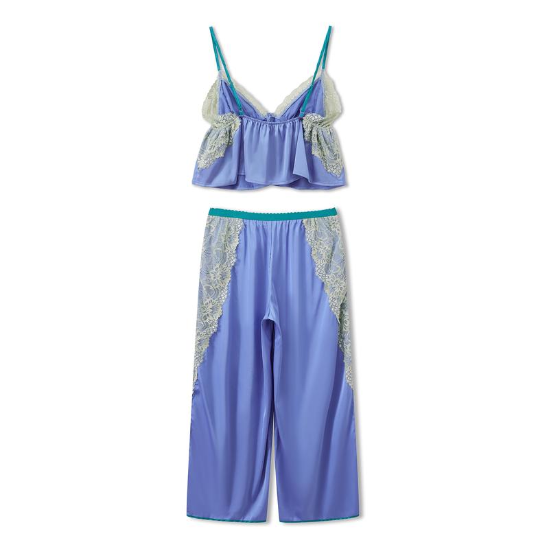 Women's Pajama Sets Lace Patchwork Spaghetti Strap Ruffled Cami Tops with Loose Pants 2Pcs Soft Sleepwear