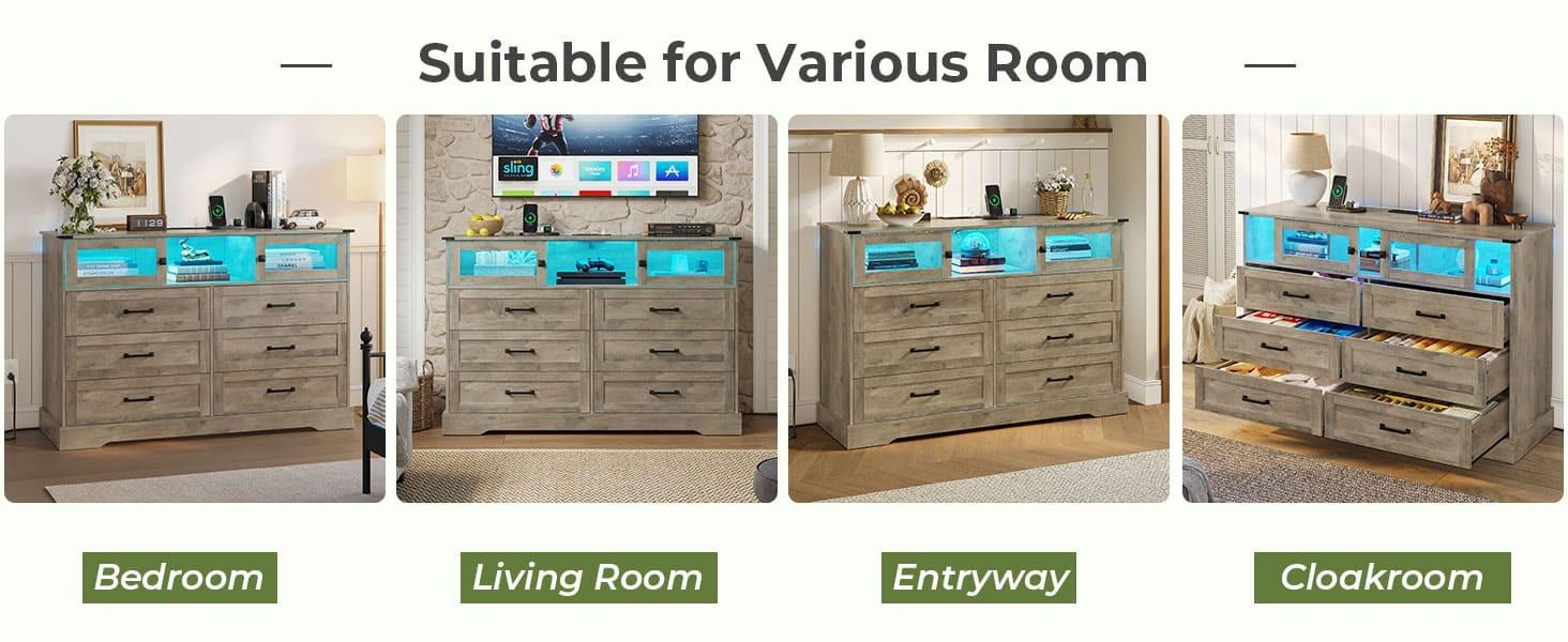 Sikaic 6 Drawers LED Dresser with Outlets Rustic Wood Top Cabinets
