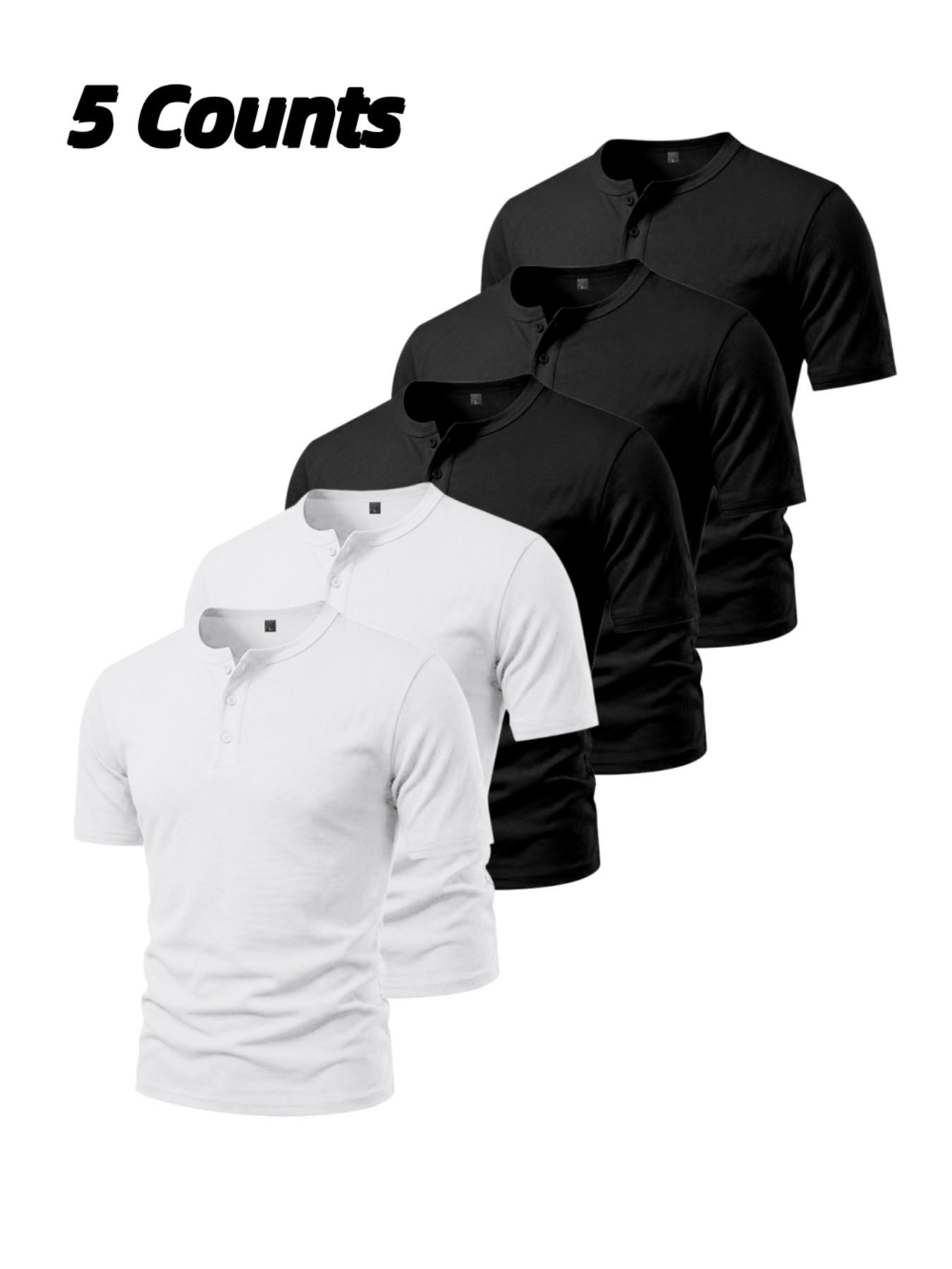 Men's 5-Pack Three-Button Mesh Short Sleeve Henley T-Shirts, Athletic Apparel, Summer Breathable Solid Color Casual Sports Tops, Comfortable Basic Top, Fitness T Shirt