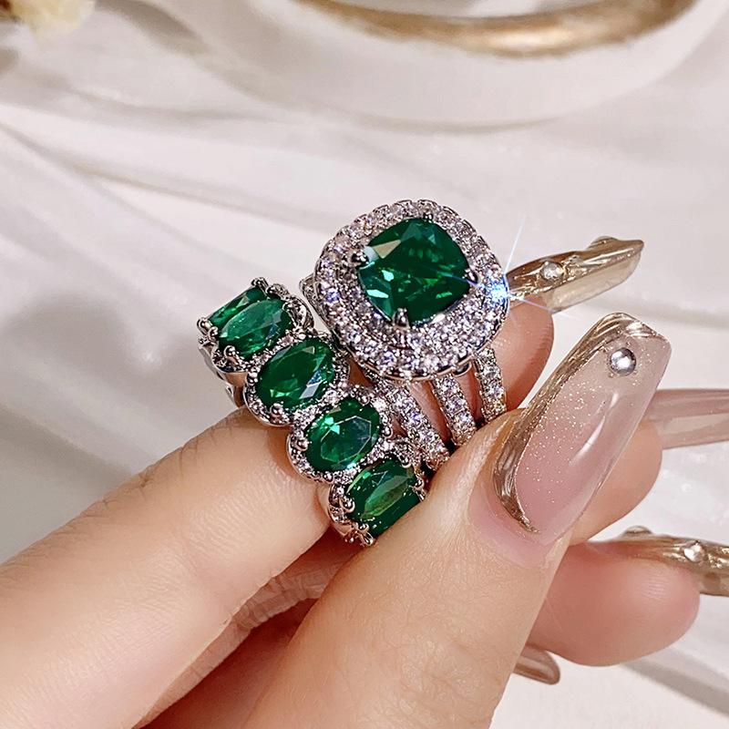 Luxury Emerald Ring Set | Square Geometric Oval Full Eternity Band | High-End Fashion Jewelry
