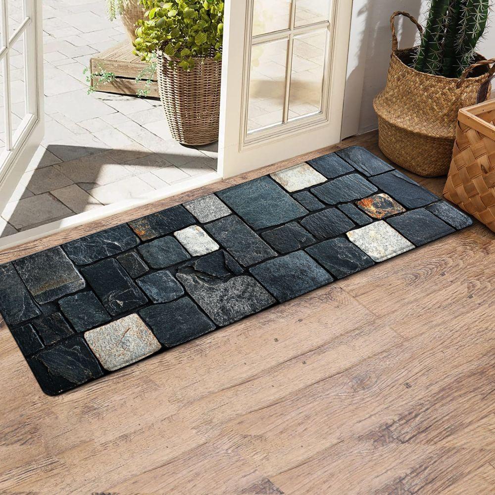 1PC， Black and White Stone Strip Splicing Patterned strip rugs, home décor, bathroom mats, entryway mats, bathroom non-slip mats, indoor entrance rugs, bedroom bedside mats, kitchen mats, hallway rugs, flannel sponge rugs, hallway runner rugs