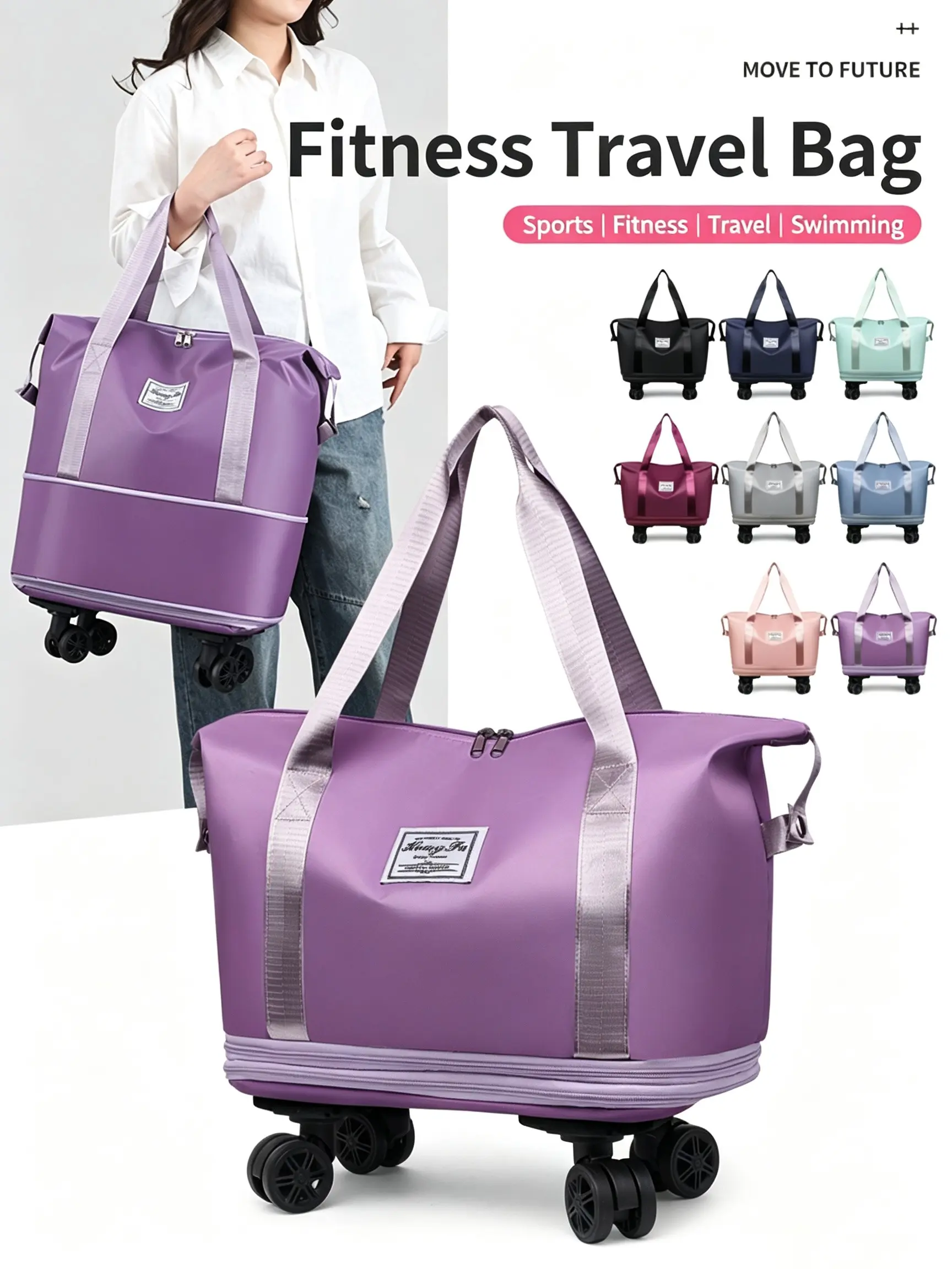 Expandable Oxford Travel Bag with Detachable Wheels, Large Capacity Waterproof Luggage, Ideal for Gym, Moving, Business Trips, Back-To-School
