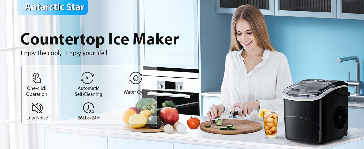 Antarctic Star Countertop Ice Maker with Handle,9 Ice Cubes Ready in 6 Minutes,26lbs/24Hrs,Bullet Ice Maker Countertop with Self-Cleaning,Portable Ice Maker for Kitchen/Office/Home/Camping/RV Scoop Utensils Machine