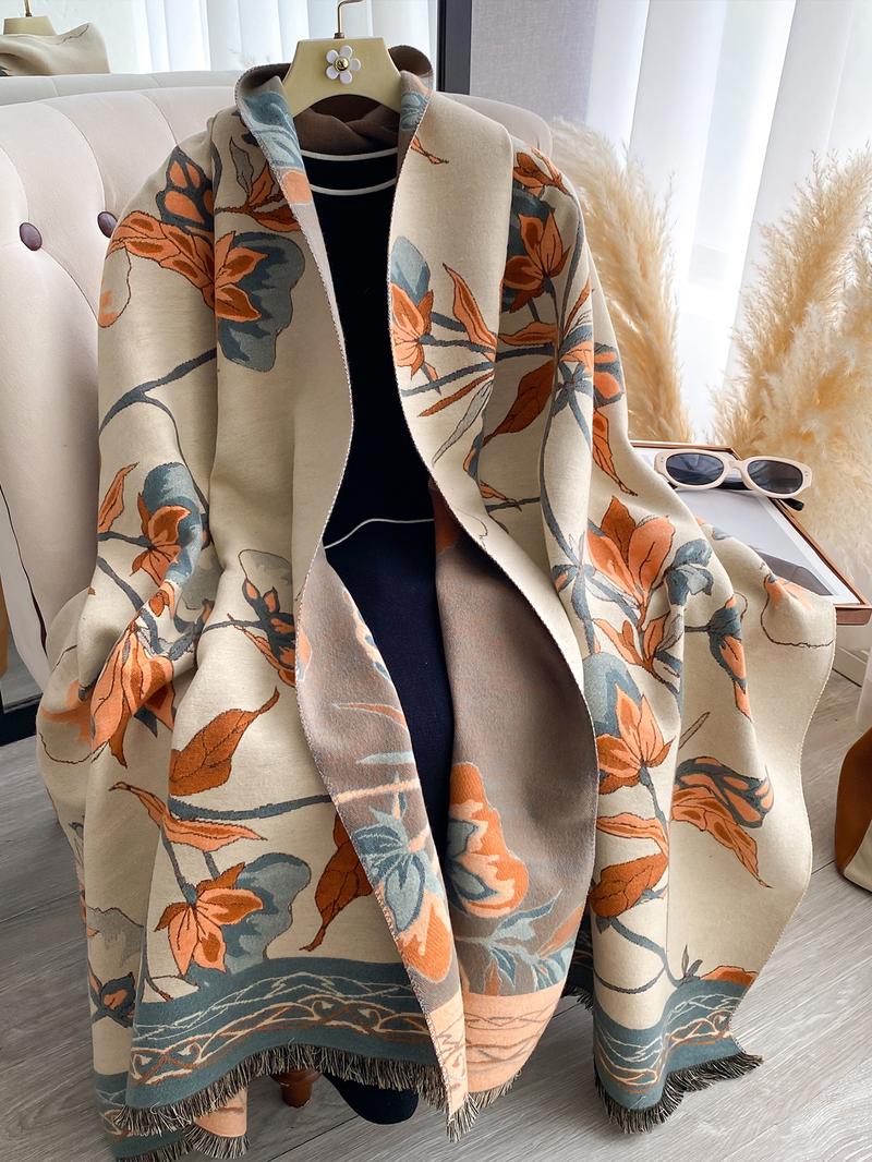 Elegant Floral Knit Scarf for Women, Boho Style Double-Sided Shawl, Fall & Winter Warm Daily Wear, Fitted Design