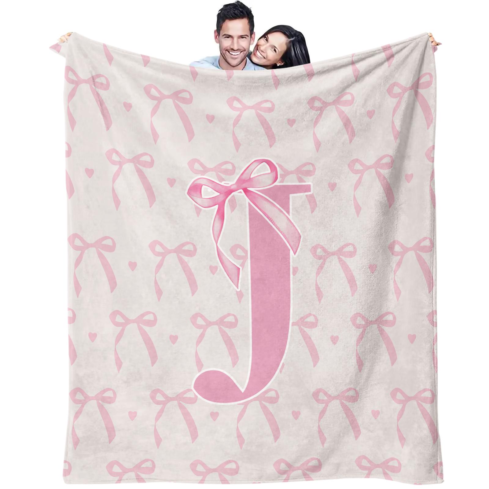 Pink Bow Custom Initial Throw Blanket, Sweet Girl Style Heart Print, Soft Warm Cozy Skin-friendly, Ideal for Bedroom Living Room Sofa Dorm Decor