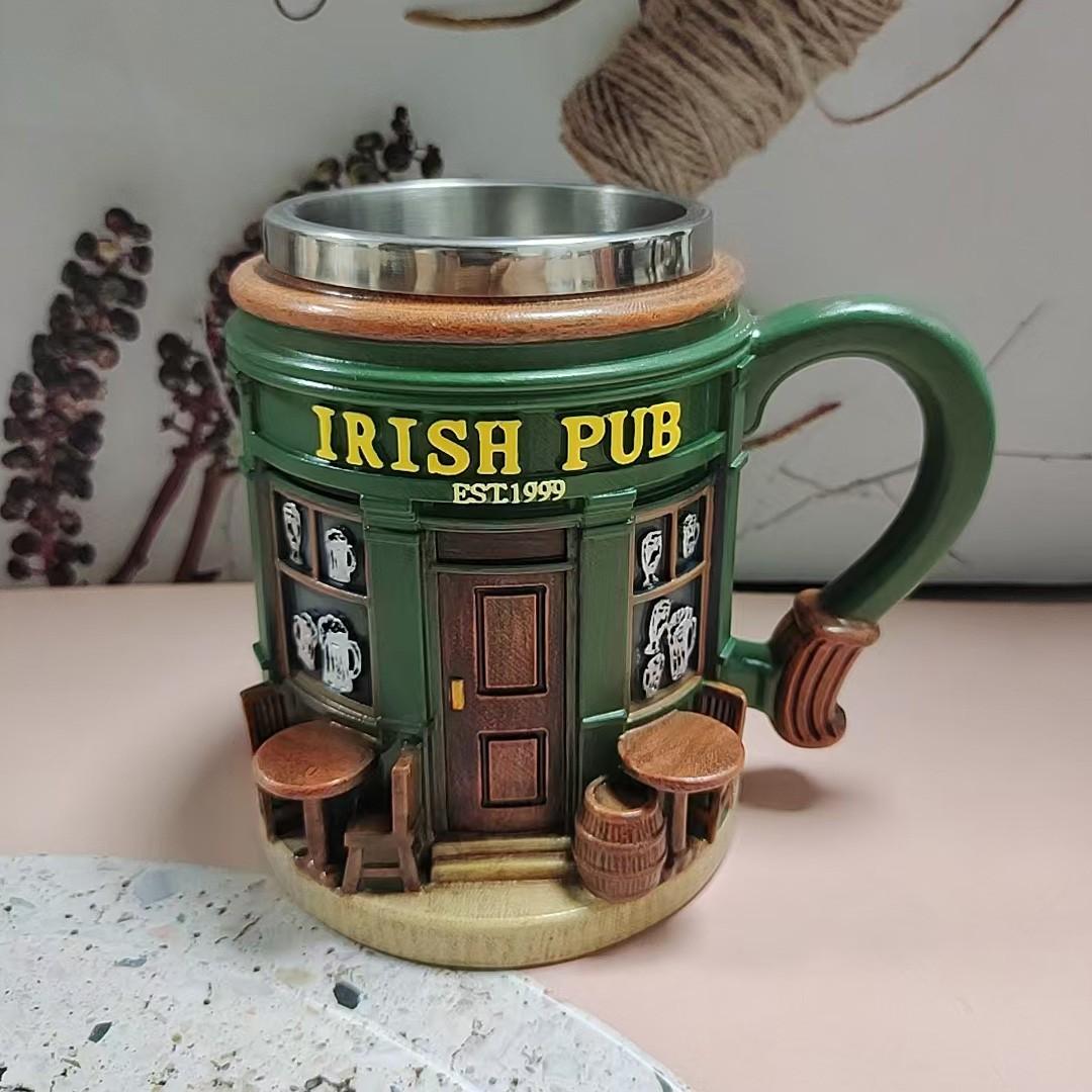 Irish Theme Tree Mug, Stainless Steel & Resin, Clover Pattern, Durable Tea Cup, Ideal for Irish Bar Decor, Moving Gift, St Patrick's Day Present