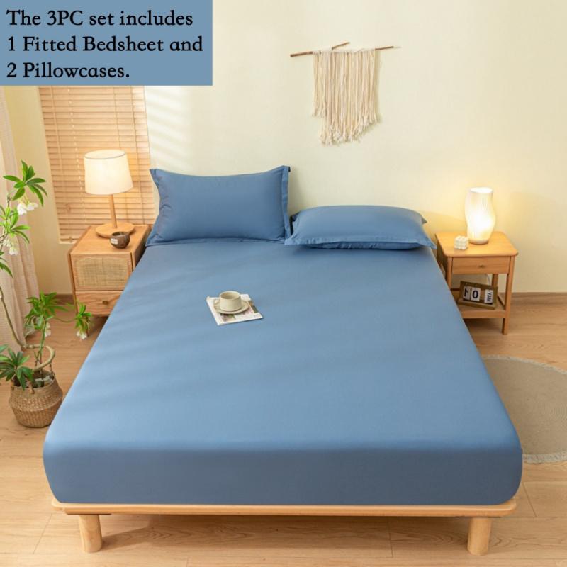 3pcs Solid Elastic Fitted Sheet, Non-Slip Mattress Protector, Full Coverage Deep Pocket Fits Thick Mattress, Soft Breathable Skin-Friendly Fabric, Wrinkle-Free Hotel Bedding