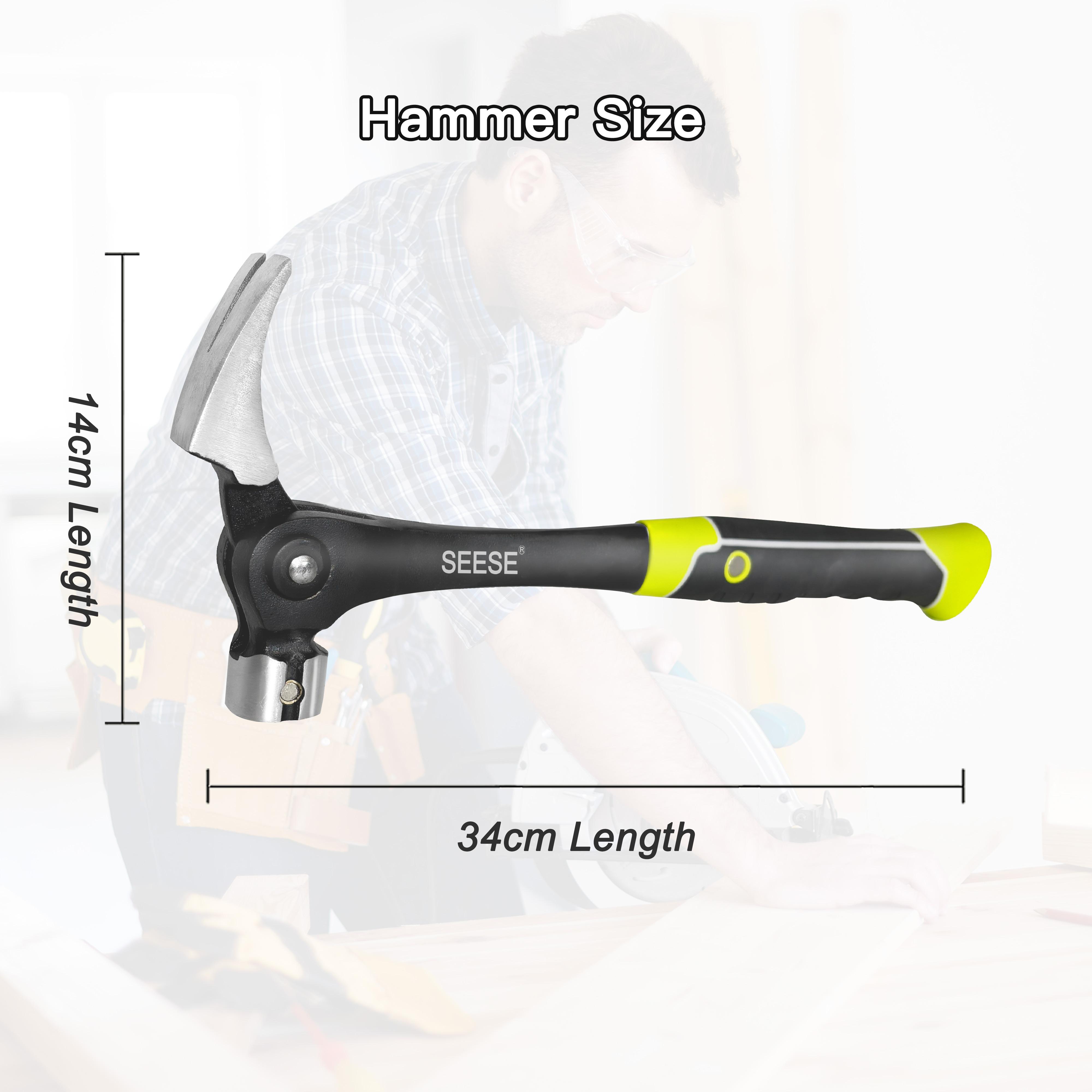 SEESE 16oz Claw Hammer with Magnetic Nail Starter,Indexing Rip Claw,Forged Steel Head,Shock-Absorbing TPR Grip,Heavy Duty Framing & DIY Tool Greenish