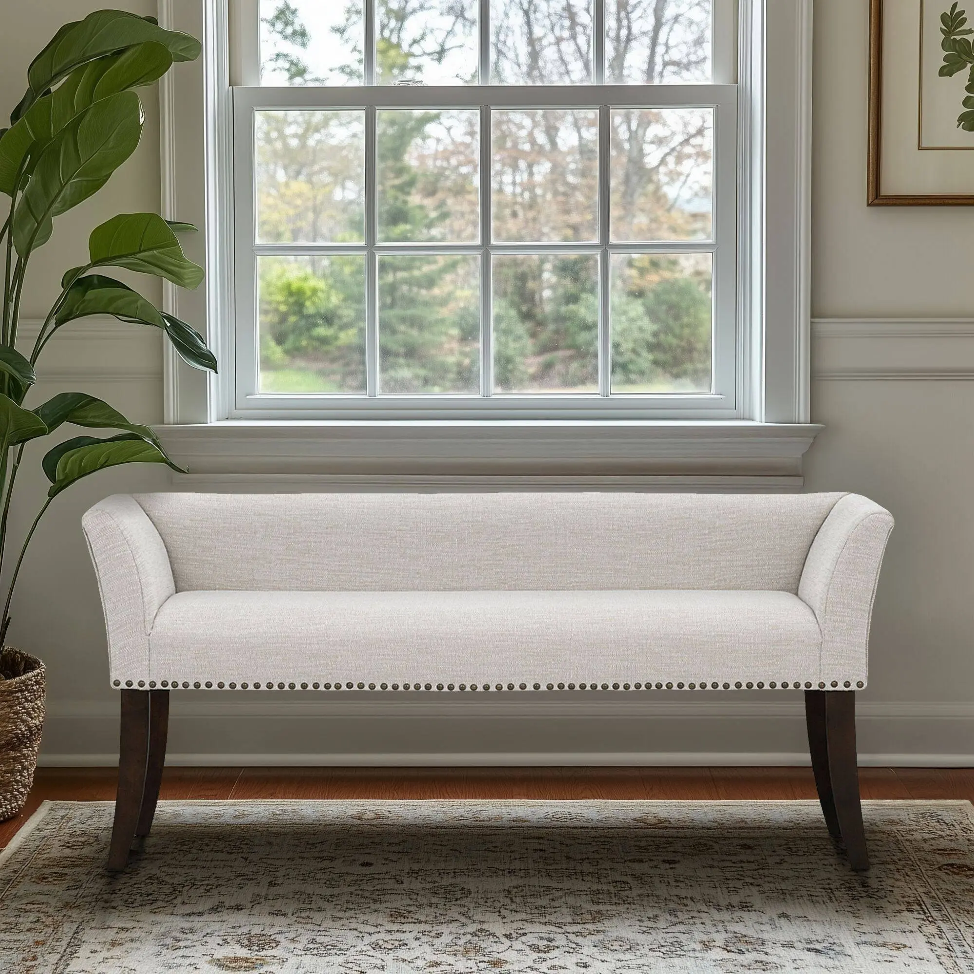 Nokaa Upholstered Bench Cream - Accent Entryway Bedroom Seating with Padded Low-Back, Flared Arms, Nailhead Trim, Solid Wood Legs, 49.5"W x 19.25"D x 23"H, Cream