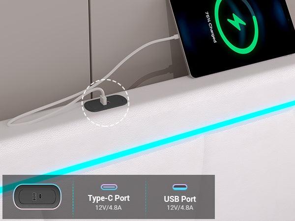 Sikaic Faux Leather Platform LED Bed Frame With Storage Drawers And USB Ports Adjustable Headboard White Furniture Modern Interior Design Luxury