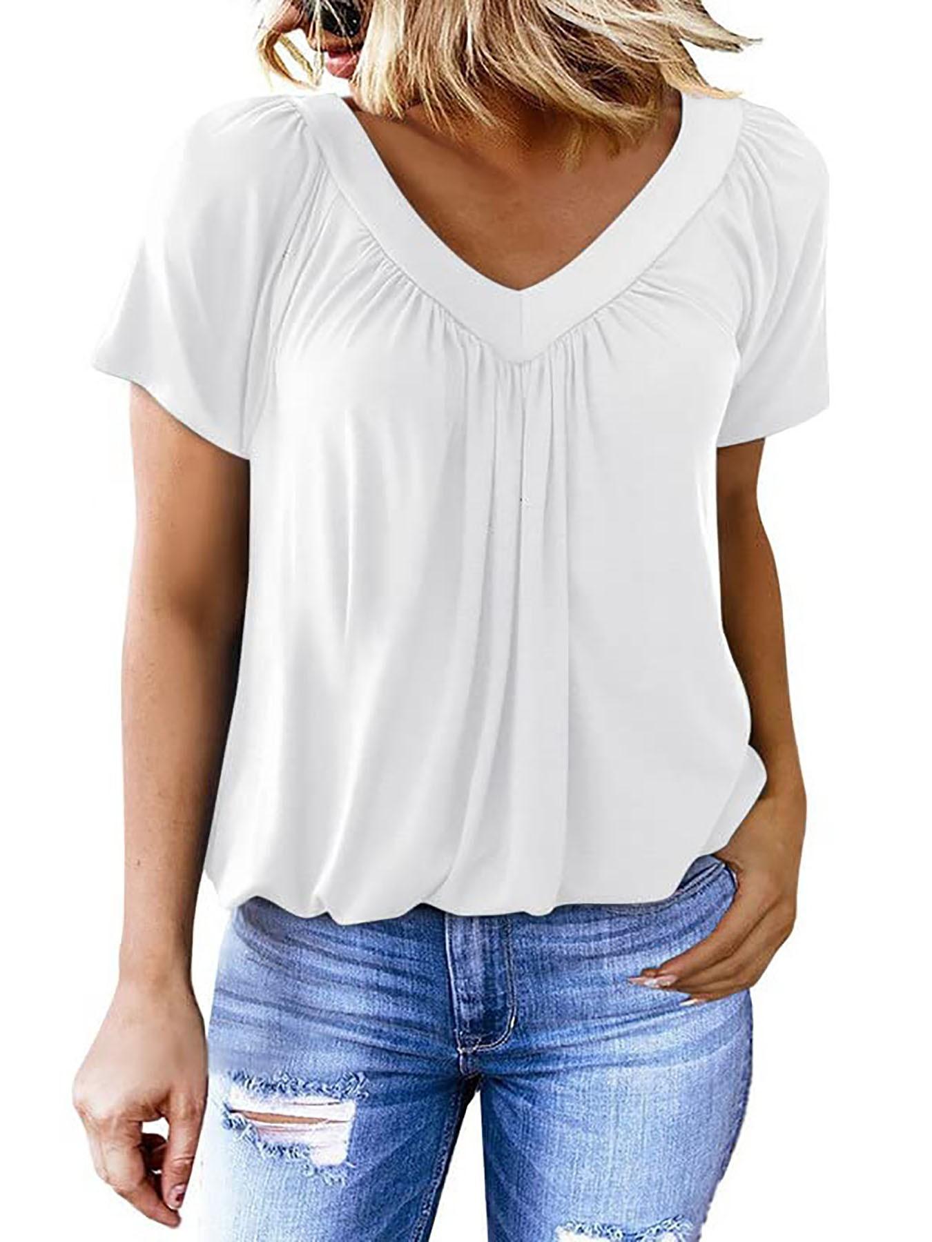 Women's Short Sleeve Casual Tops, Dressy V Neck T-Shirts, Loose Fit Summer Pleated Blouses, Comfortable and Stylish Clothing