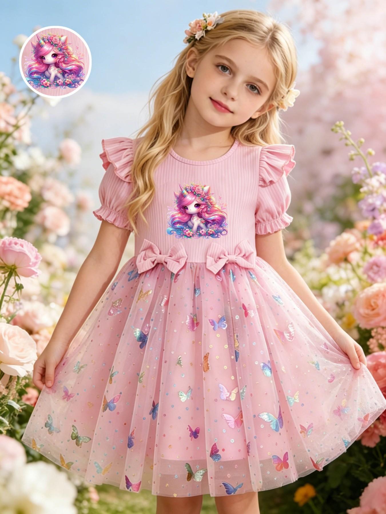 Girls' Elegant Princess Dress, Cartoon Butterfly Print, Slim-Fitting Summer Gown, Perfect for Easter, Valentine's Day, Parties, Gifts, Birthdays