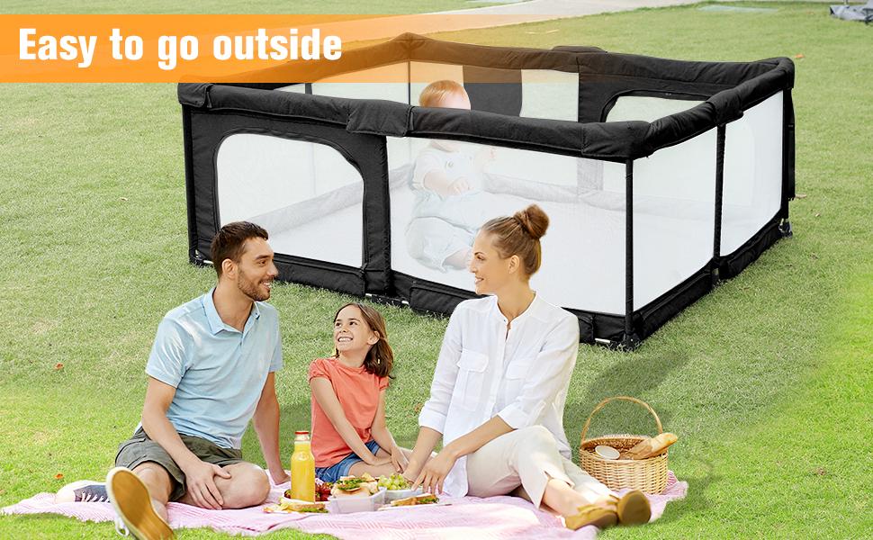 Foldable Baby Playpen,Collapsible Playpen for Babies and Toddlers, Extra Large Foldable Playpen for Baby with gate, Baby Activity Center with Fence, Travel Play Pen (Black/Grey 51"×51"/59"×71")