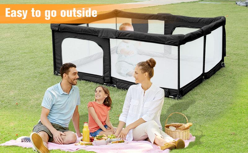 Foldable Baby Playpen,Collapsible Playpen for Babies and Toddlers, Extra Large Foldable Playpen for Baby with gate, Baby Activity Center with Fence, Travel Play Pen (Black/Grey 51"×51"/59"×71")