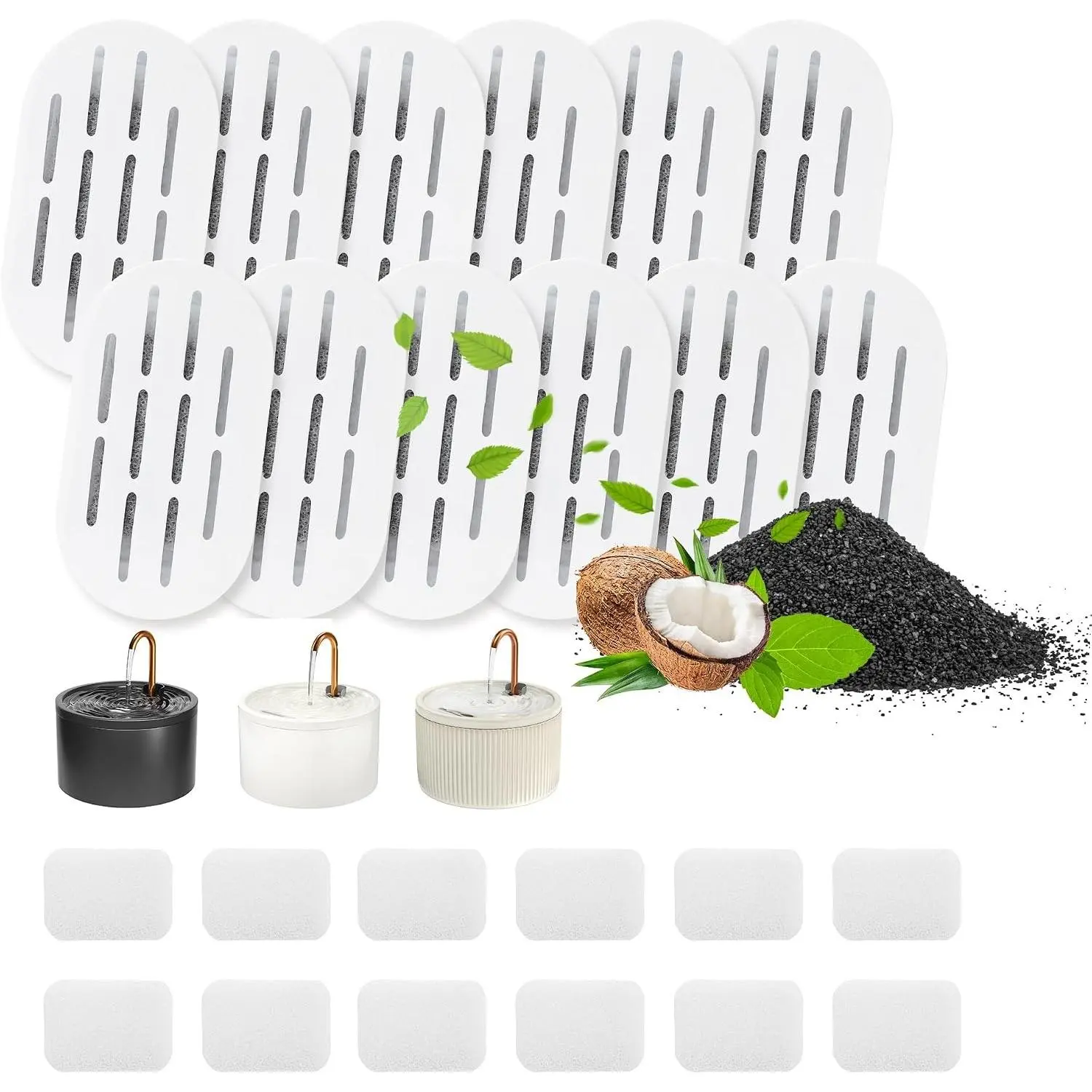 Ceramic Cat Water Fountain Filters, 12 Pack Replacement Filters & 12 Pack Replacement Pre-Filter Sponges Set for Other Ceramic Pet Fountain Water Dispenser
